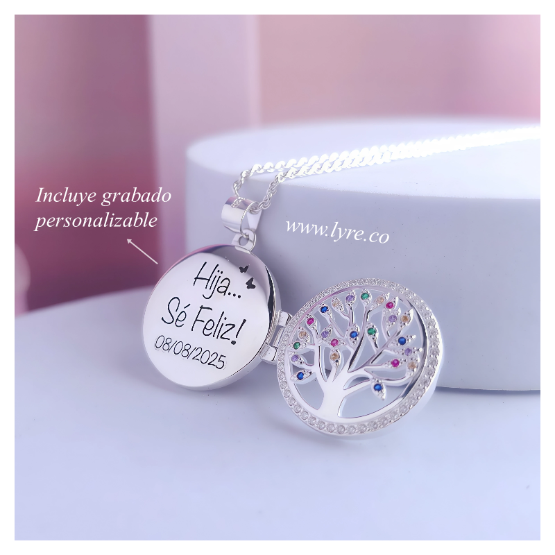 Collar Relicario Circular Árbol  De La Vida Circones Coloridos  Plata Ley 925 19mm