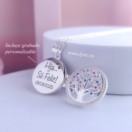 Collar Relicario Circular Árbol  De La Vida Circones Coloridos  Plata Ley 925 19mm