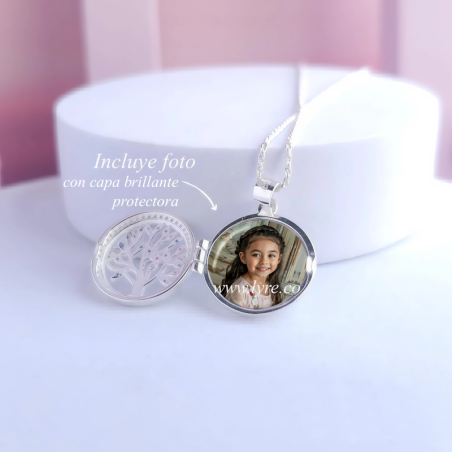 Collar Relicario Circular Árbol  De La Vida Circones Coloridos  Plata Ley 925 19mm