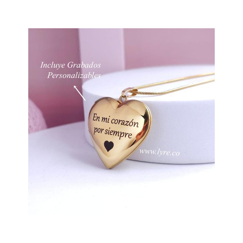 Collar Relicario Corazón Dorado Acero Incluye Fotos y Grabados