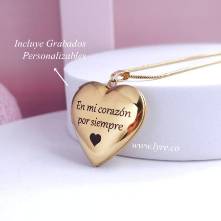 Collar Relicario Corazón Dorado Acero Incluye Fotos y Grabados