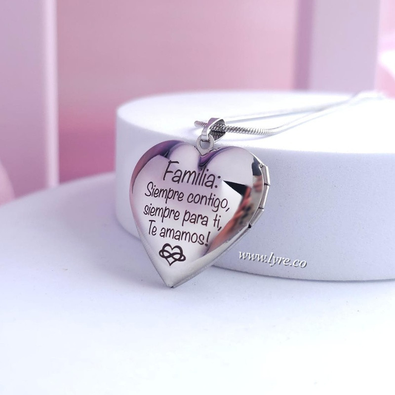 Collar Relicario Corazón Acero Incluye Fotos y Grabado