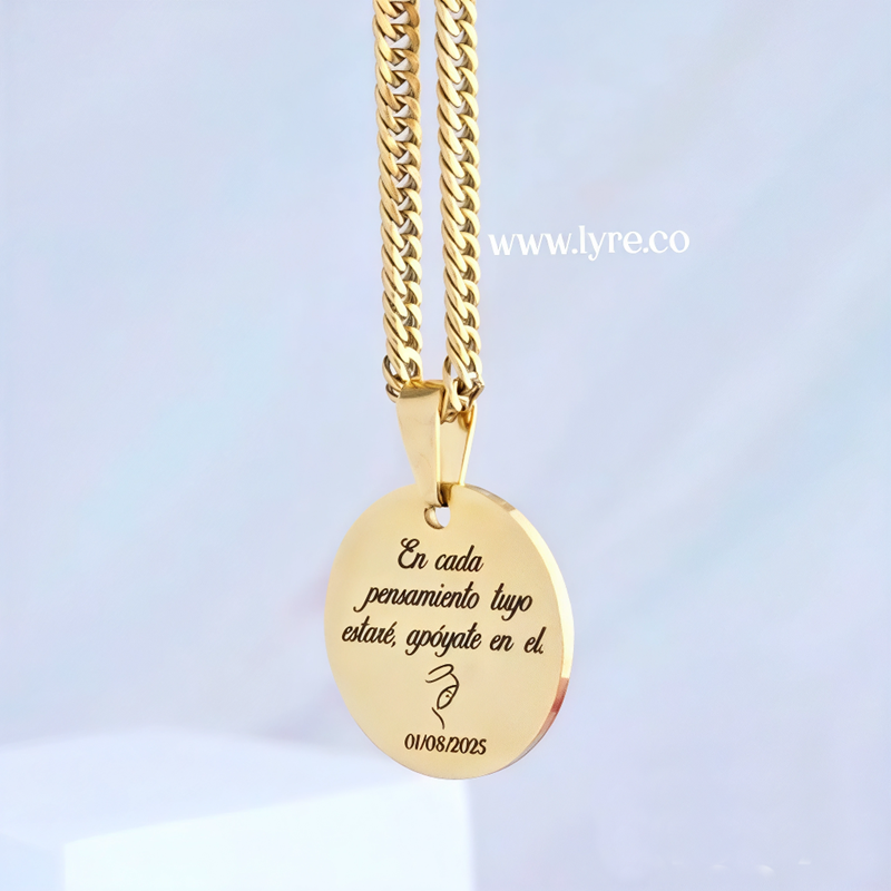Collar Placa Cadena Masculina Circular Dorado Acero Incluye Grabados