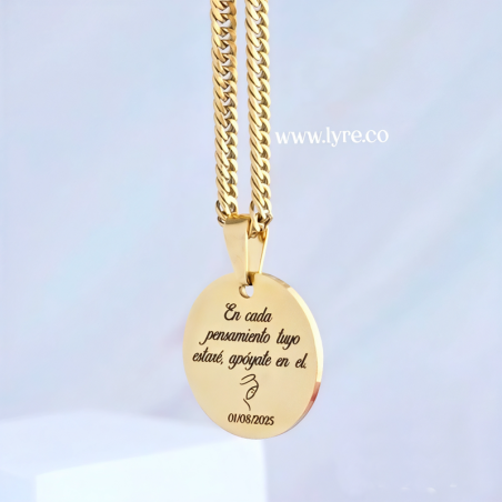 Collar Placa Cadena Masculina Circular Dorado Acero Incluye Grabados