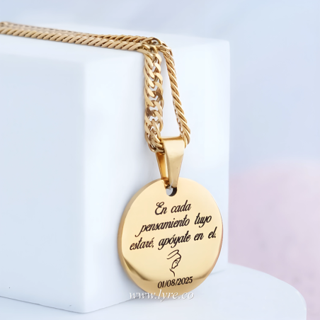 Collar Placa Cadena Masculina Circular Dorado Acero Incluye Grabados
