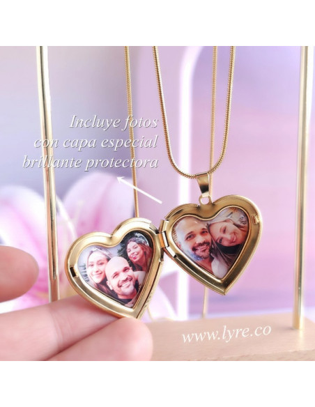 Collar Relicario Corazón Dorado Acero Incluye Fotos y Grabados