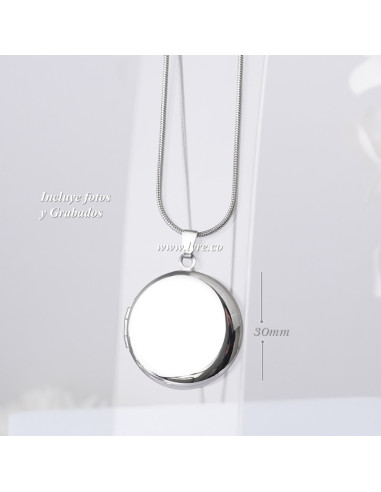 Collar Relicario Circular Liso Acero Plateado Incluye Fotos Y Grabados