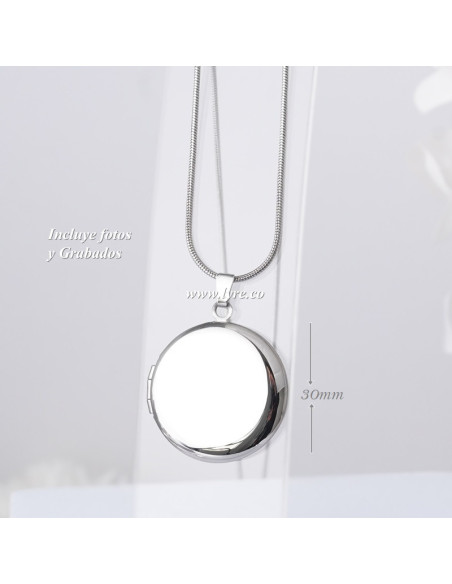 Collar Relicario Circular Liso Acero Plateado Incluye Fotos Y Grabados