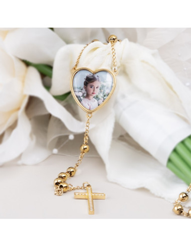 Rosario Corazón Acero Dorado Incluye Foto y Grabado