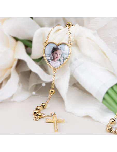 Rosario Corazón Acero Dorado Incluye Foto y Grabado
