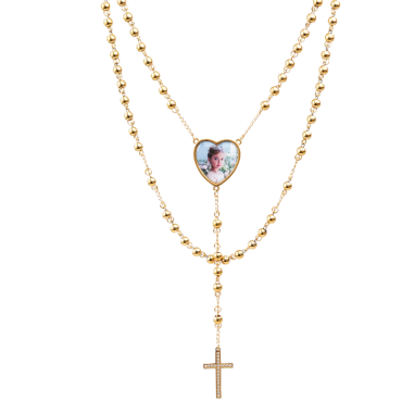 Rosario Corazón Acero Dorado Incluye Foto y Grabado