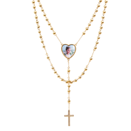 Rosario Corazón Acero Dorado Incluye Foto y Grabado