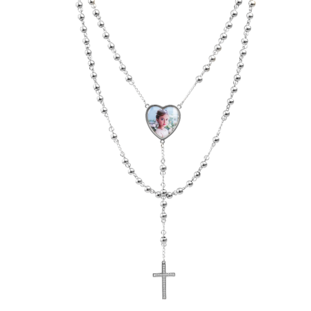 Rosario Corazón Acero Plateado Incluye Foto y Grabado