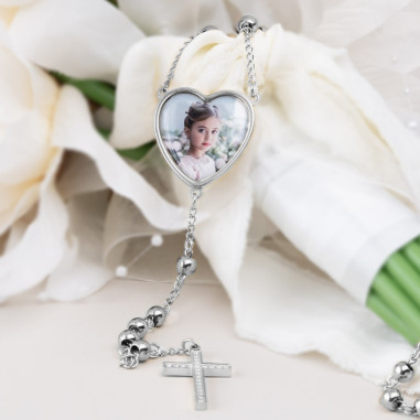Rosario Corazón Acero Plateado Incluye Foto y Grabado