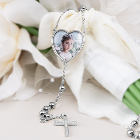 Rosario Corazón Acero Plateado Incluye Foto y Grabado