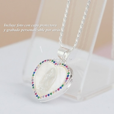 Relicario Corazón Plata Ley 925 Virgen Guadalupe Nácar Microcircones Coloridos 19mm Incluye Foto Y Grabado