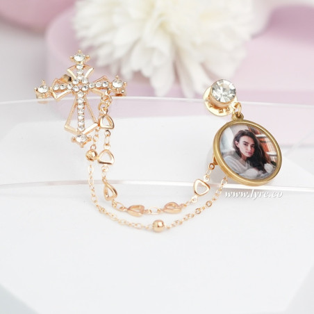Broche Traje Boda Grado Cruz Dorada Con Foto Personalizable