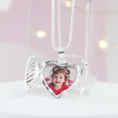 Collar Relicario Alas Plata Ley 925 Corazón Incluye Foto y Grabado Personalizable