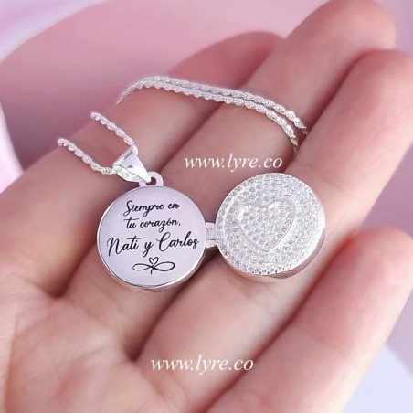 Collar Relicario Circular Microcircones Corazón Plata Ley 925